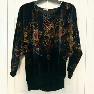 Vintage Large Navy Gold Sparkling Floral Long Sleeve Magician Blouse